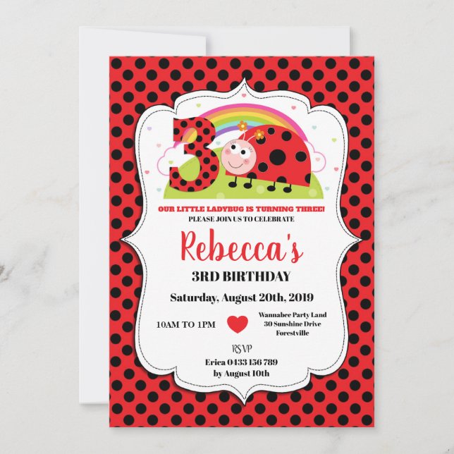 Ladybug 3rd Birthday Invitations Girl (Front)