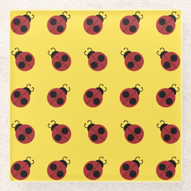 Ladybug 60s retro cool red yellow glass coaster (Front)