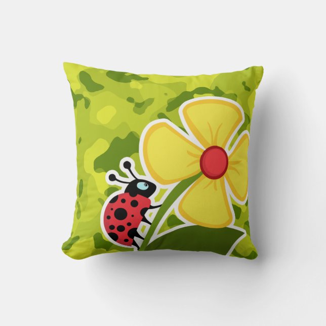 Ladybug; Acid Green Camo; Camouflage Throw Pillow (Front)