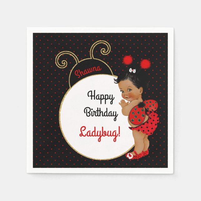 Ladybug African American Baby Girl Red & Black Napkins (Front)