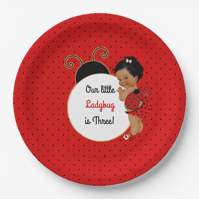 Ladybug African American Baby Girl Red & Black Paper Plates (Front)