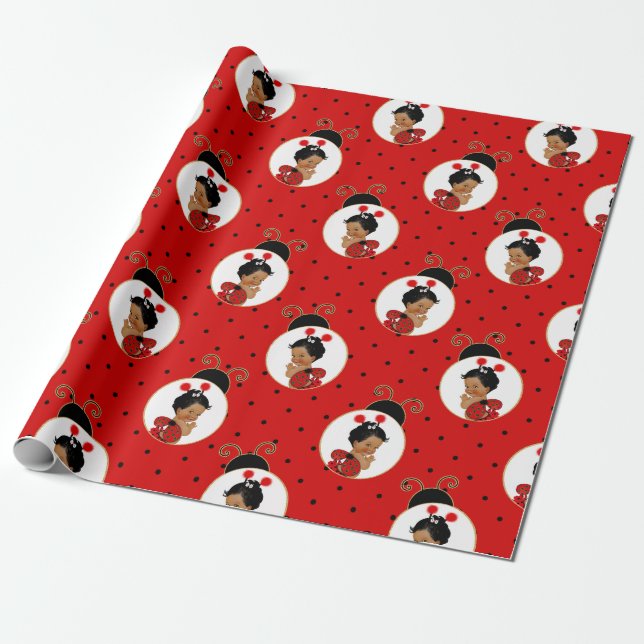 Ladybug African American Baby Girl Red & Black Wrapping Paper (Unrolled)