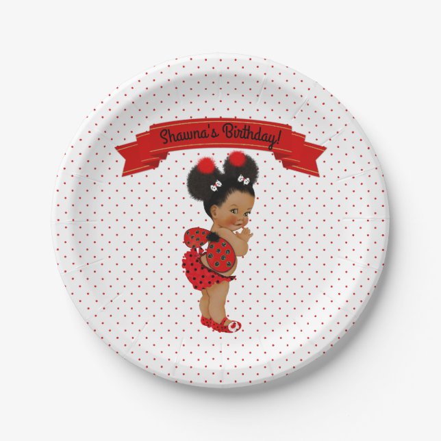 Ladybug African American Baby Girl Red Dots Paper Plates (Front)