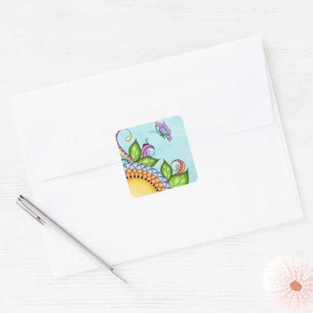 Ladybug and Butterfly Doodle Flower Square Sticker (Envelope)