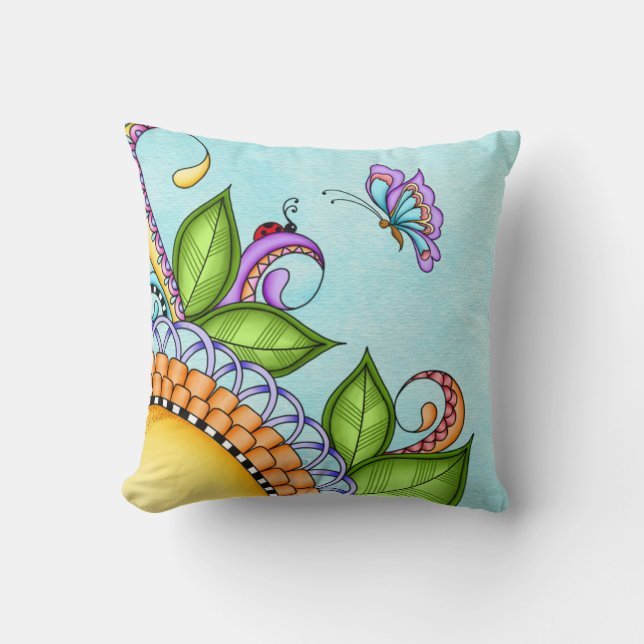 Ladybug and Butterfly Doodle Flower Throw Pillow (Front)