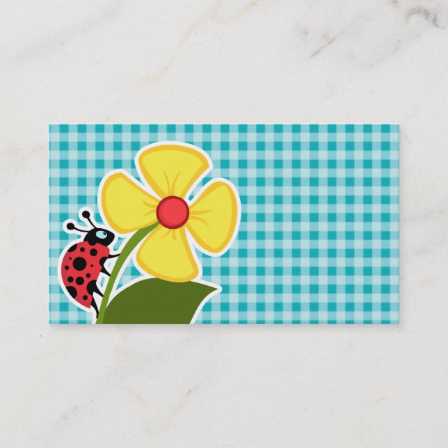 Ladybug and Flower on Blue-Green Gingham Business Card (Front)