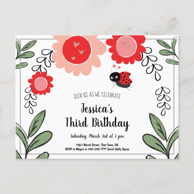 Ladybug and Flowers Kids Birthday Party Invitation (Front)