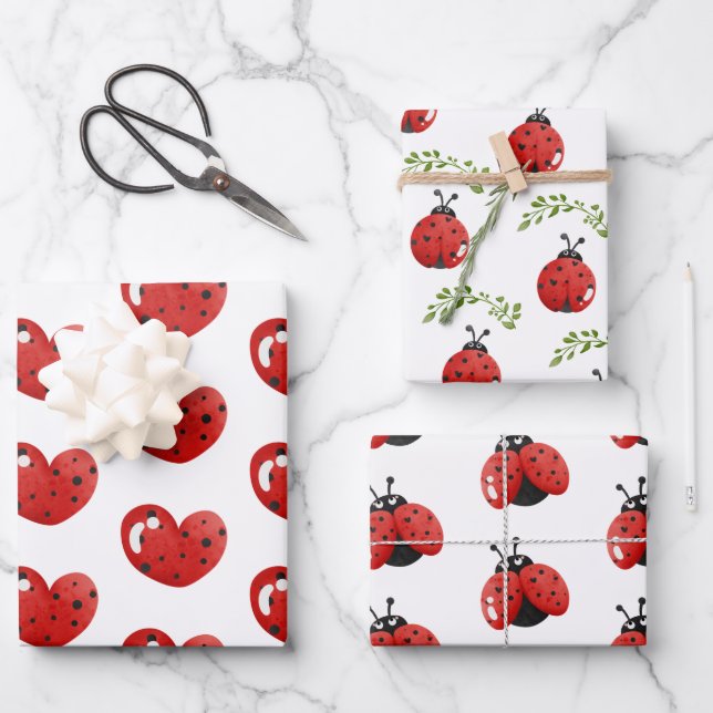 Ladybug and Hearts Pattern Birthday Wrapping Paper Sheets (Front)