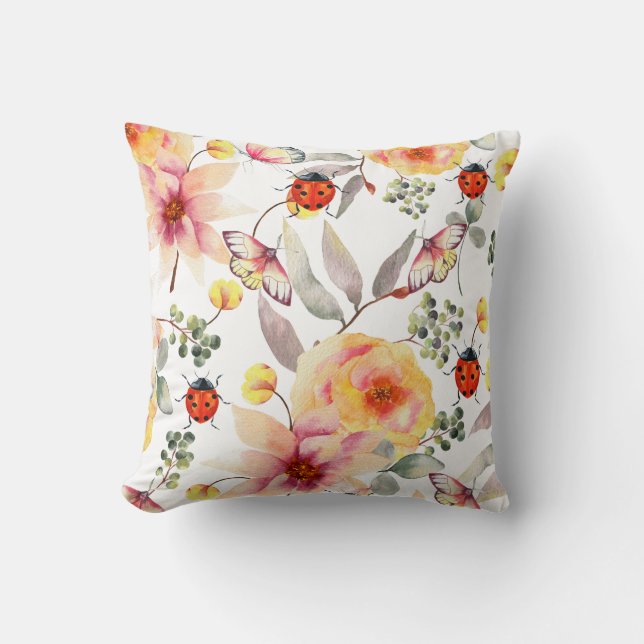 Ladybug and Pastel Floral Garden Decorative Throw  Pillow (Front)