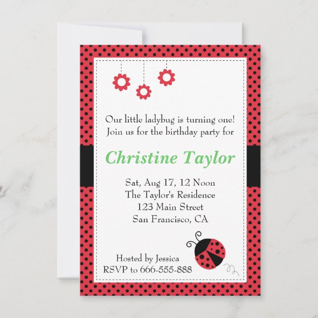 Ladybug and Polka Dots Birthday Party Invitation (Front)