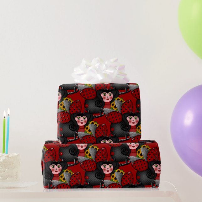 Ladybug and Sunflowers-Diagonal-Red- Wrapping Paper (Party Gifts)
