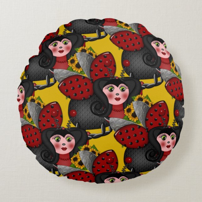 Ladybug and Sunflowers-Diagonal-Yellow-1- Round Pillow (Front)