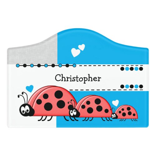 Ladybug baby nursery with name white and blue door sign