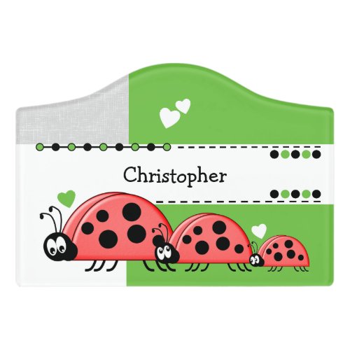 Ladybug baby nursery with name white and green door sign