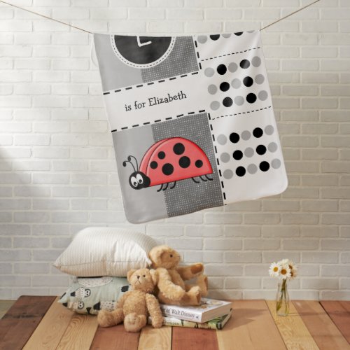 Ladybug baby nursery with name white and grey baby blanket