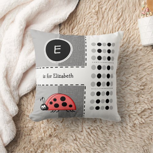 Ladybug baby nursery with name white and grey throw pillow