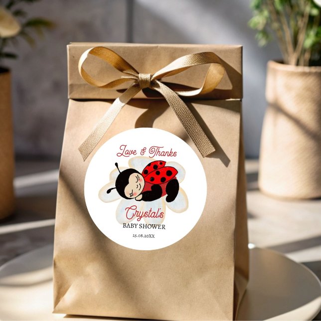 Ladybug baby shower favor stickers (Ladybug baby shower thank you favor stickers cute sleeping ladybug on a daisy favor stickers)