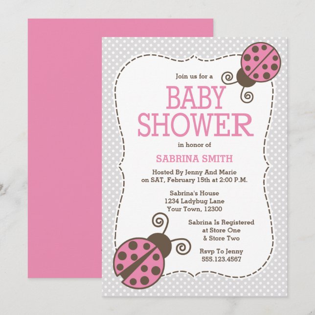 Ladybug Baby Shower Pink and Grey Invitation (Front/Back)