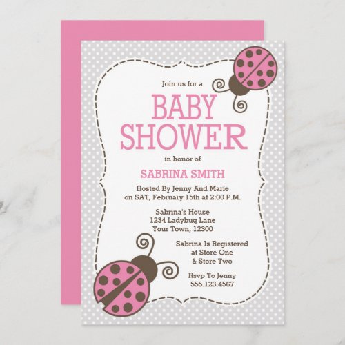 Ladybug Baby Shower Pink and Grey Invitation