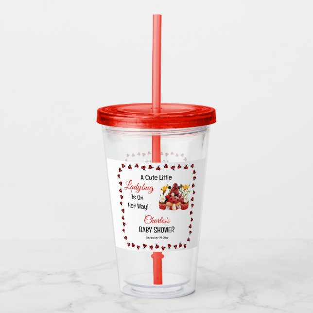 Ladybug Baby Shower Tumbler – Cute Favor with Stra (Front)