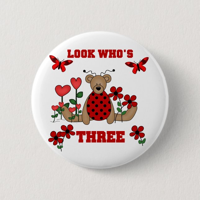Ladybug Bear 3rd Birthday Tshirts Button (Front)