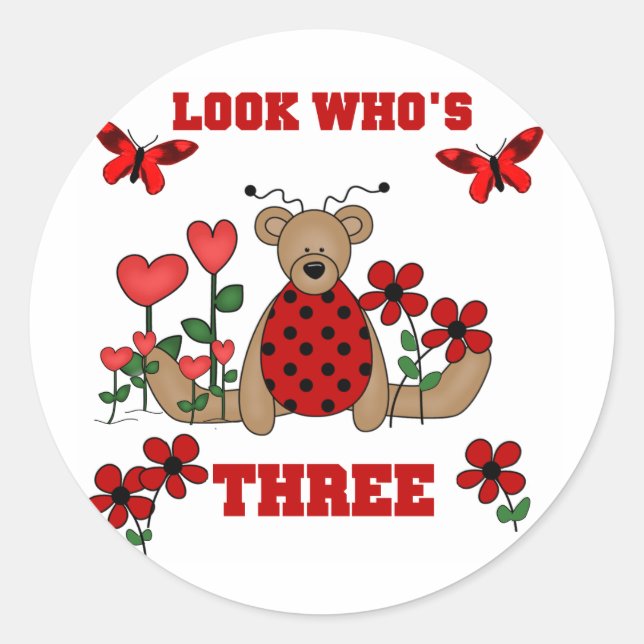 Ladybug Bear 3rd Birthday Tshirts Classic Round Sticker (Front)