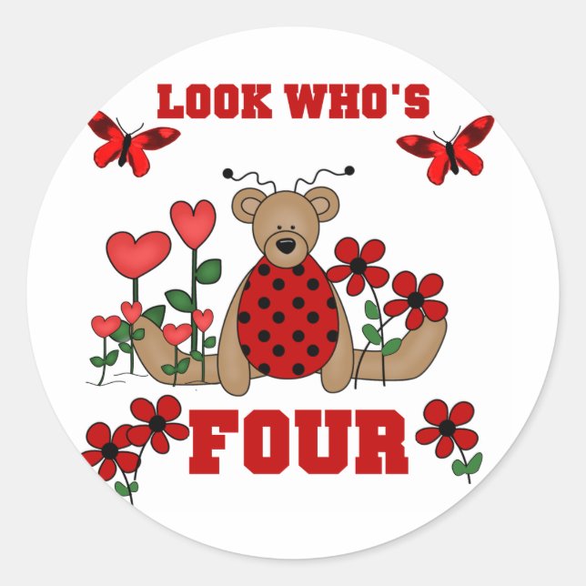 Ladybug Bear 4th Birthday Tshirts and Gifts Classic Round Sticker (Front)
