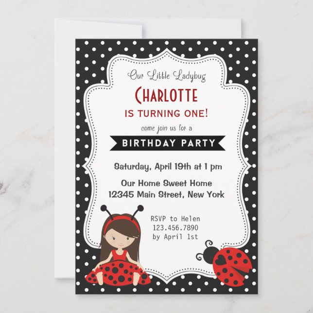 Ladybug Birthday Invitation Black Red Polka Dots (Front)
