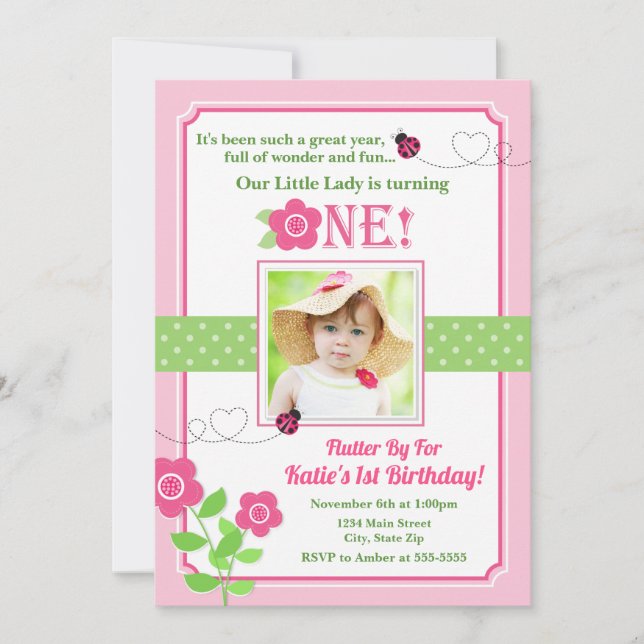 Ladybug Birthday Invitation Pink Ladybug 1st (Front)