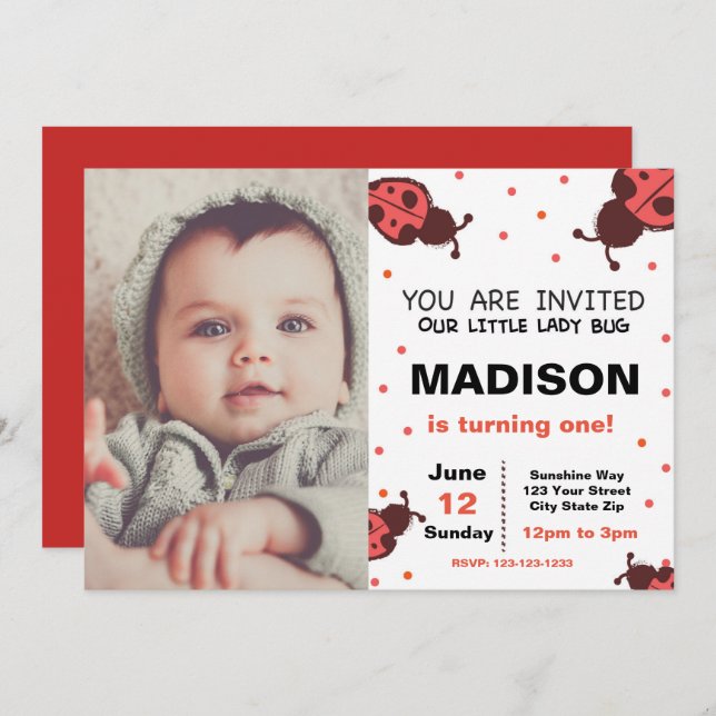 Ladybug Birthday Invitation with Photo (Front/Back)