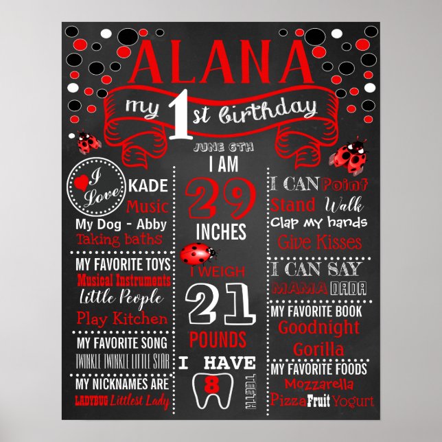 Ladybug Birthday Party chalkboard sign poster (Front)