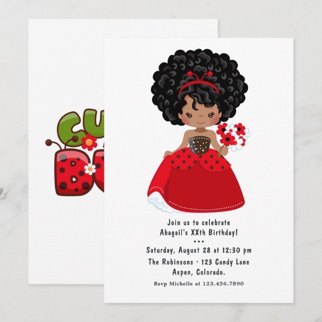 Ladybug Black Princess Fairy Tale Birthday Party Invitation (Front/Back)