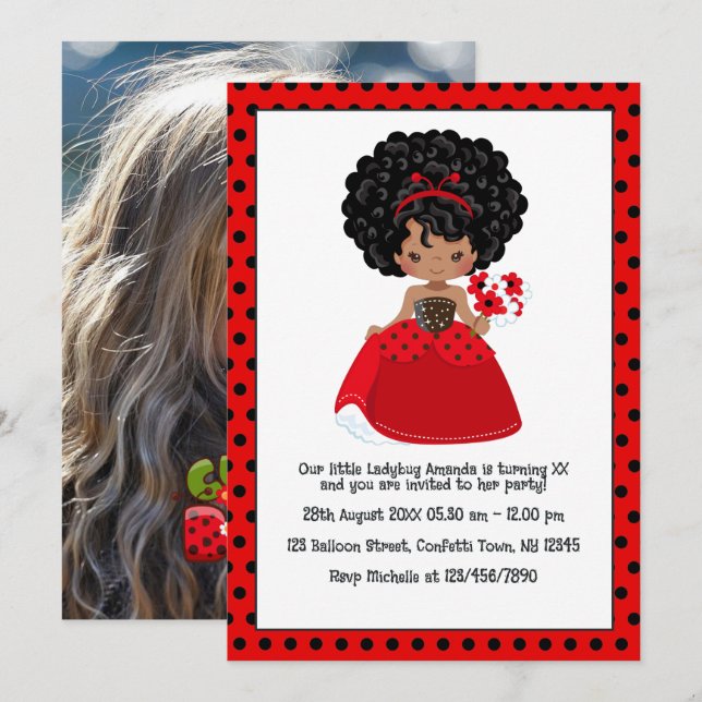 Ladybug Black Princess Fairy Tale Birthday Party Invitation (Front/Back)