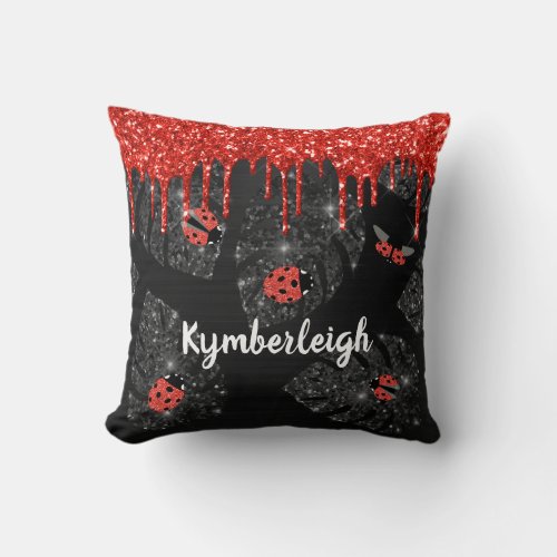 Ladybug Black Red Glitter Drips Glam Monogram Name Throw Pillow