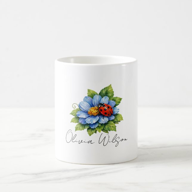Ladybug Bliss on a Blooming Blue Flower Coffee Mug (Center)