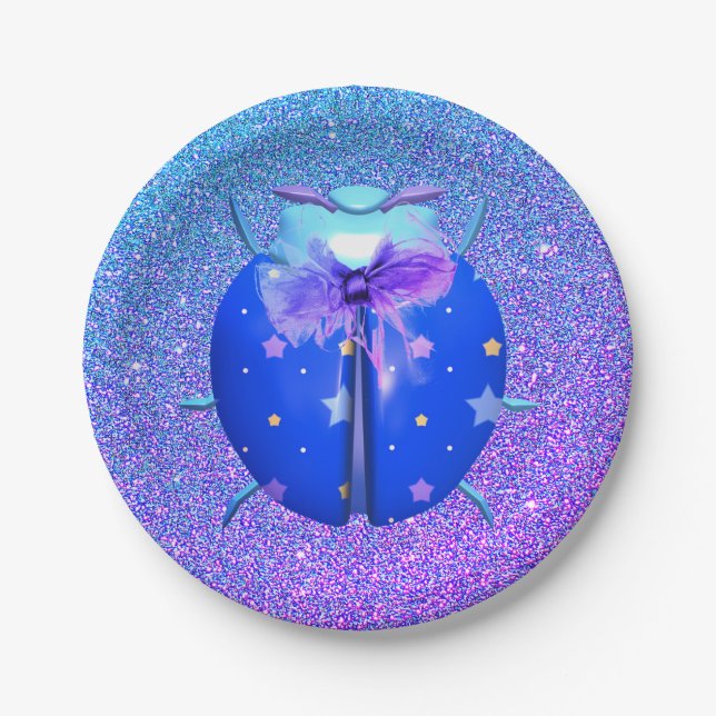 Ladybug blue star cute glitter look paper plates (Front)