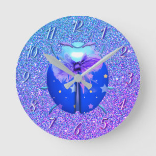 Ladybug blue stars cute glitter round clock