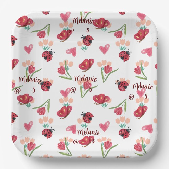 Ladybug, Butterfly and Tulip Heart Pattern Paper Plates (Front)