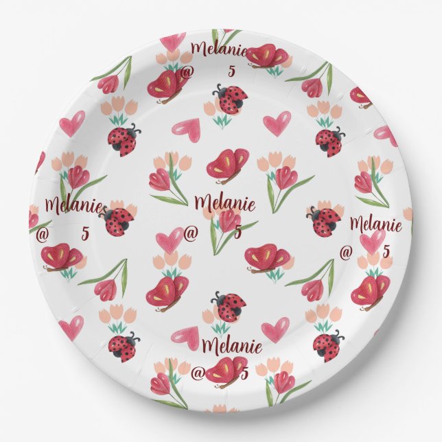 Ladybug, Butterfly and Tulip Heart Pattern Paper Plates (Front)