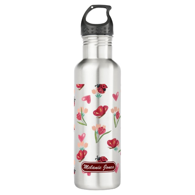 Ladybug, Butterfly and Tulip Heart Pattern Stainless Steel Water Bottle (Front)