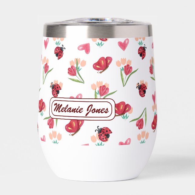 Ladybug, Butterfly and Tulip Heart Pattern Thermal Wine Tumbler (Front)