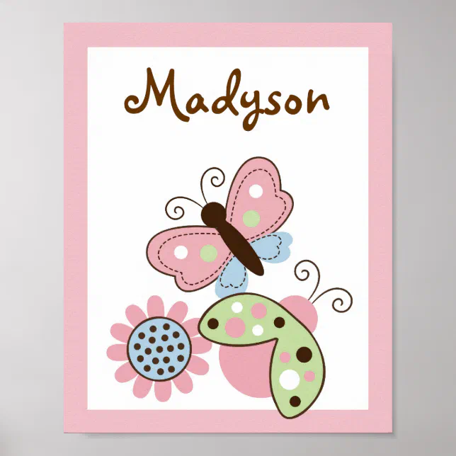 Ladybug Butterfly Nursery Wall Art Name Print | Zazzle
