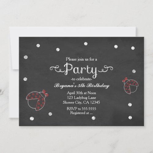 Ladybug Chalkboard Dots Birthday Party Invitations