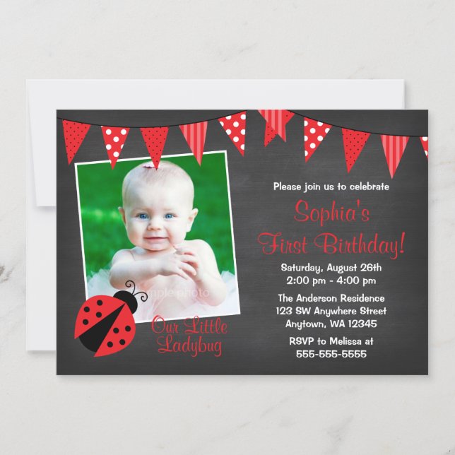 Ladybug Chalkboard Photo Birthday Invitation (Front)