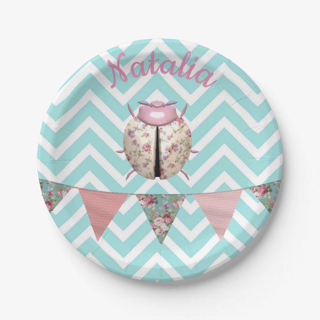 Ladybug chevron floral cute pink blue white buntin paper plates (Front)