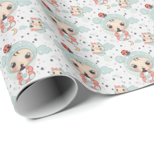 Ladybug Cute Baby Pastel Watercolor Pattern Wrapping Paper