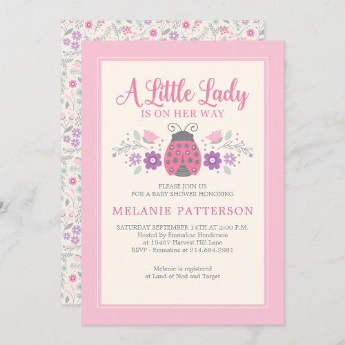 Ladybug Cute Pink Floral Girl Baby Shower Invitation