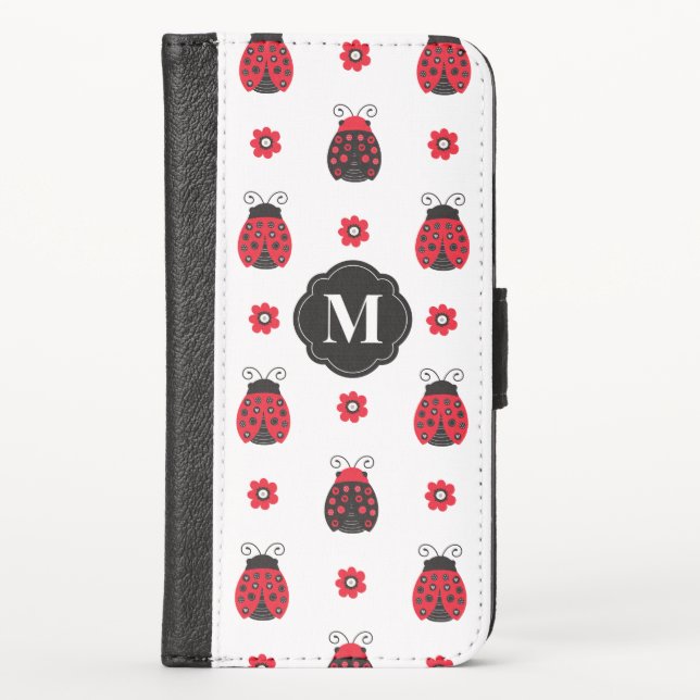 Ladybug Cute Red Black Monogram iPhone Wallet Case (Front)