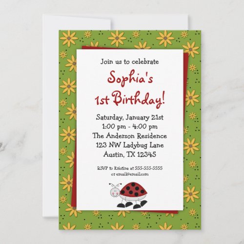 Ladybug Daisies Birthday Party Invitations