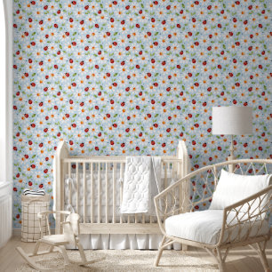 Ladybug Daisy Girl's Nursery Bedroom Blue Wallpaper